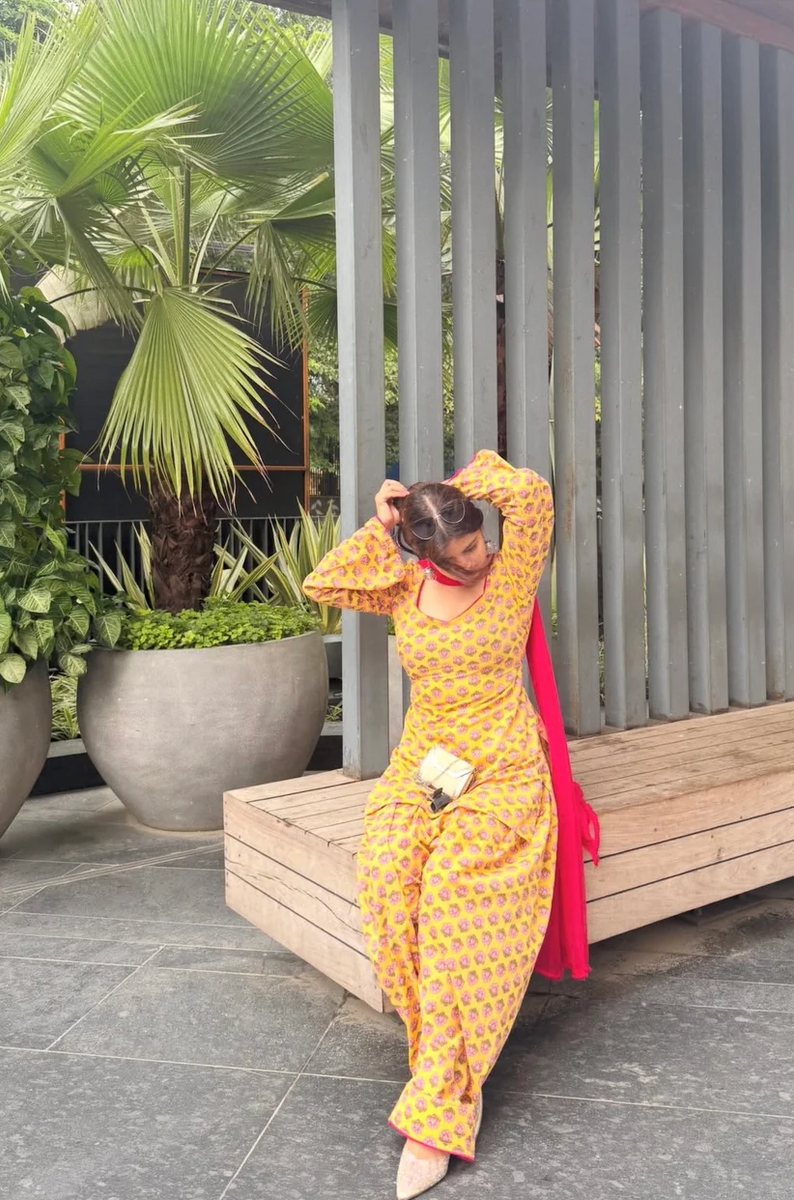 Women Mustard Yellow Floral Square Neck Farshi Salwar Set with Dupatta