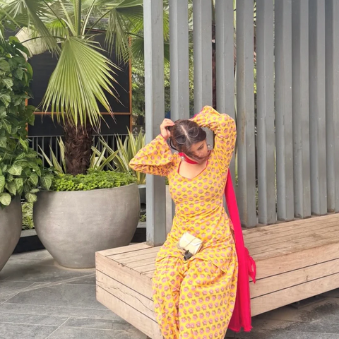 Women Mustard Yellow Floral Square Neck Farshi Salwar Set with Dupatta