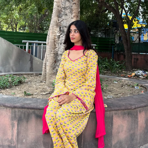 Women Yellow Floral Print Cotton Farshi Salwar Suit with Pink Dupatta
