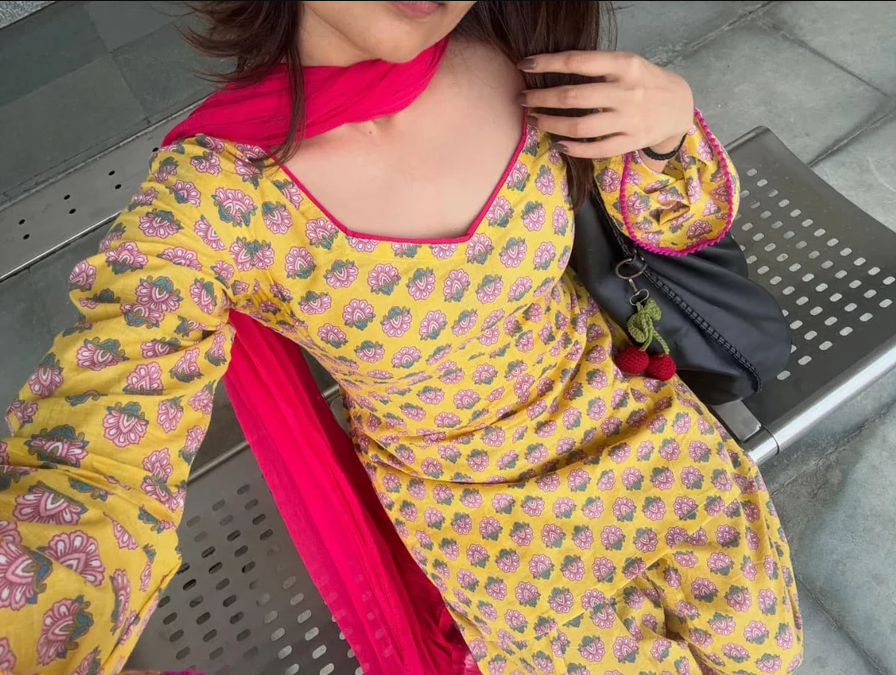 Women Yellow Floral Print Cotton Farshi Salwar Suit with Pink Dupatta