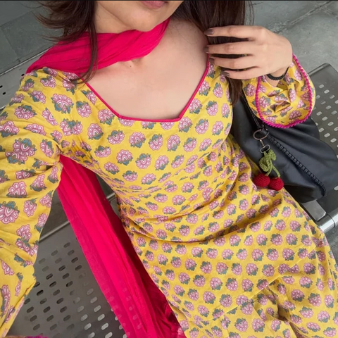 Women Yellow Floral Print Cotton Farshi Salwar Suit with Pink Dupatta