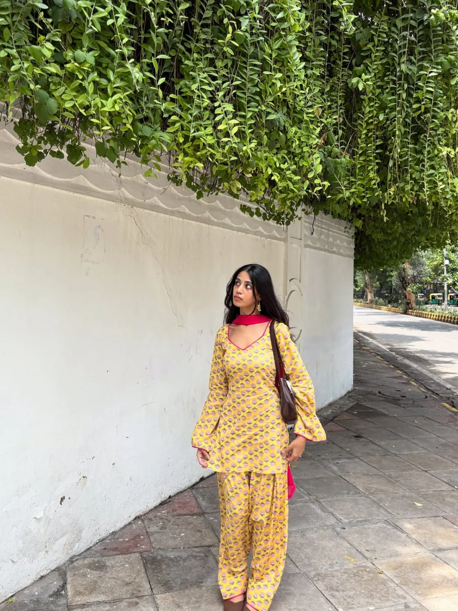 Women Yellow Floral Print Cotton Farshi Salwar Suit with Pink Dupatta