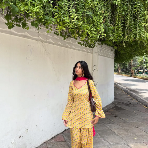 Women Yellow Floral Print Cotton Farshi Salwar Suit with Pink Dupatta