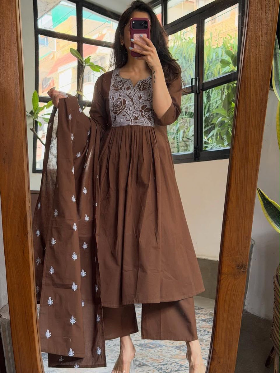 Women Brown Embroidered Cotton Anarkali Kurta Pant Set with Dupatta