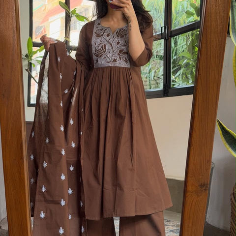 Women Brown Embroidered Cotton Anarkali Kurta Pant Set with Dupatta