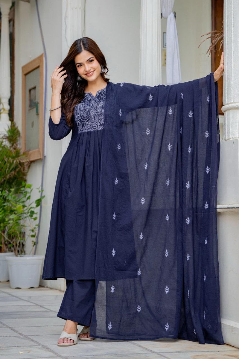 Women Navy Blue Embroidered Anarkali Kurta Pant Set with Mulmul Dupatta