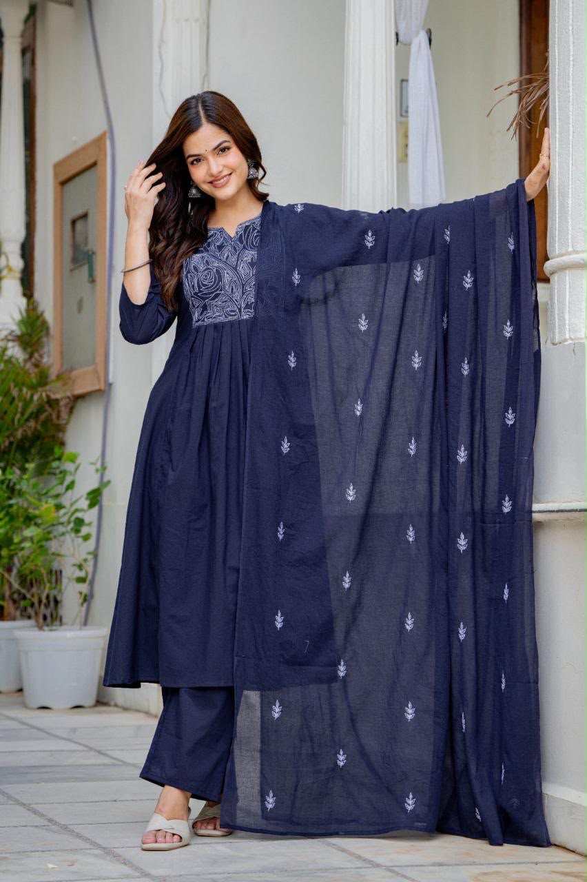 Women Navy Blue Embroidered Anarkali Kurta Pant Set with Mulmul Dupatta