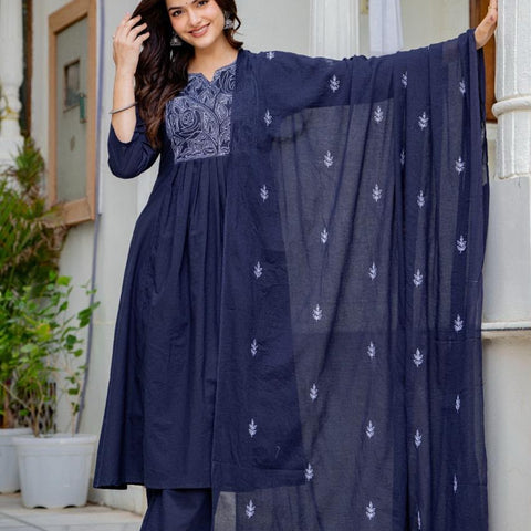 Women Navy Blue Embroidered Anarkali Kurta Pant Set with Mulmul Dupatta