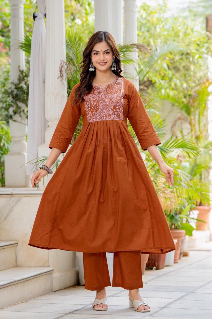 Women Rust Orange Embroidered 3 Piece Anarkali Suit with Dupatta