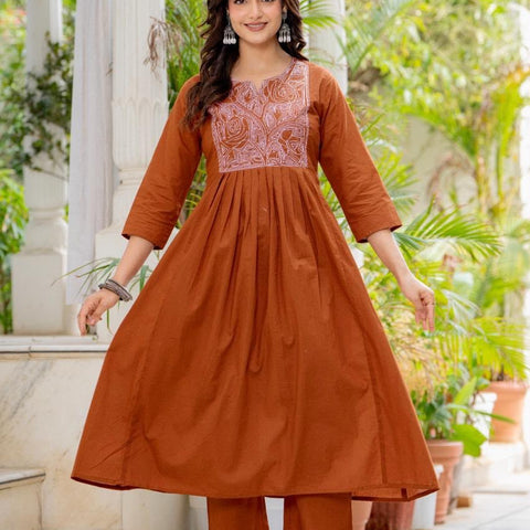 Women Rust Orange Embroidered 3 Piece Anarkali Suit with Dupatta