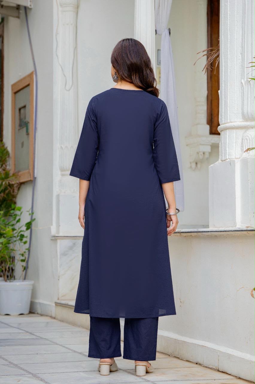 Women Navy Blue Embroidered Anarkali Kurta Pant Set with Mulmul Dupatta