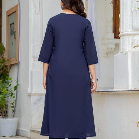 Women Navy Blue Embroidered Anarkali Kurta Pant Set with Mulmul Dupatta