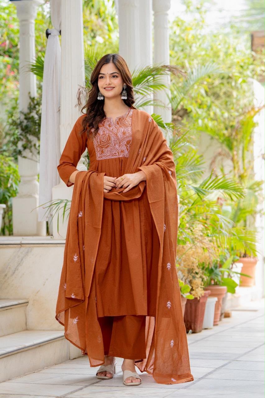 Women Rust Orange Embroidered 3 Piece Anarkali Suit with Dupatta