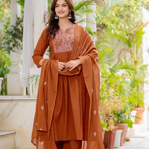 Women Rust Orange Embroidered 3 Piece Anarkali Suit with Dupatta