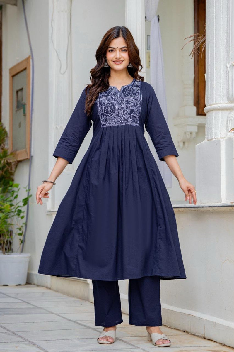 Women Navy Blue Embroidered Anarkali Kurta Pant Set with Mulmul Dupatta
