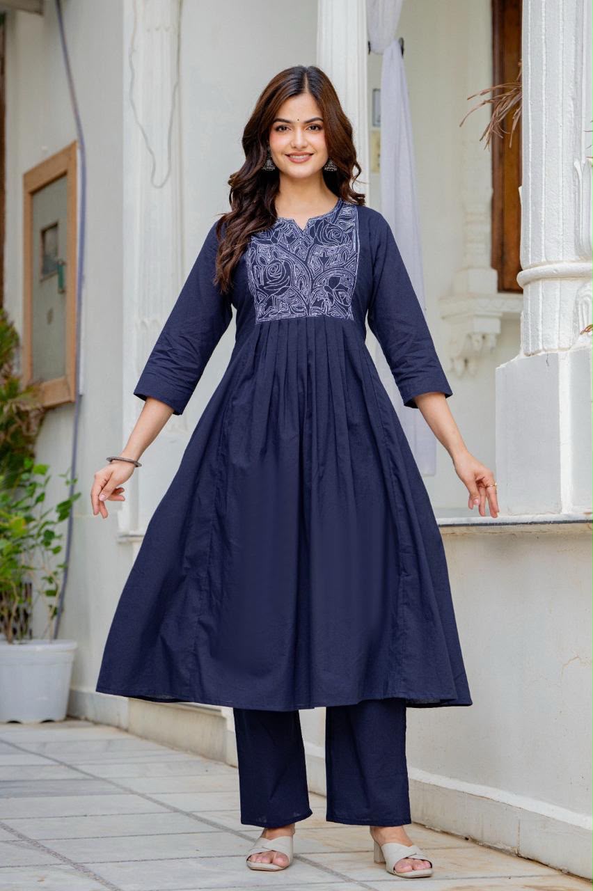 Women Navy Blue Embroidered Anarkali Kurta Pant Set with Mulmul Dupatta