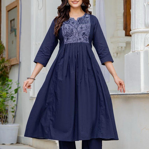 Women Navy Blue Embroidered Anarkali Kurta Pant Set with Mulmul Dupatta