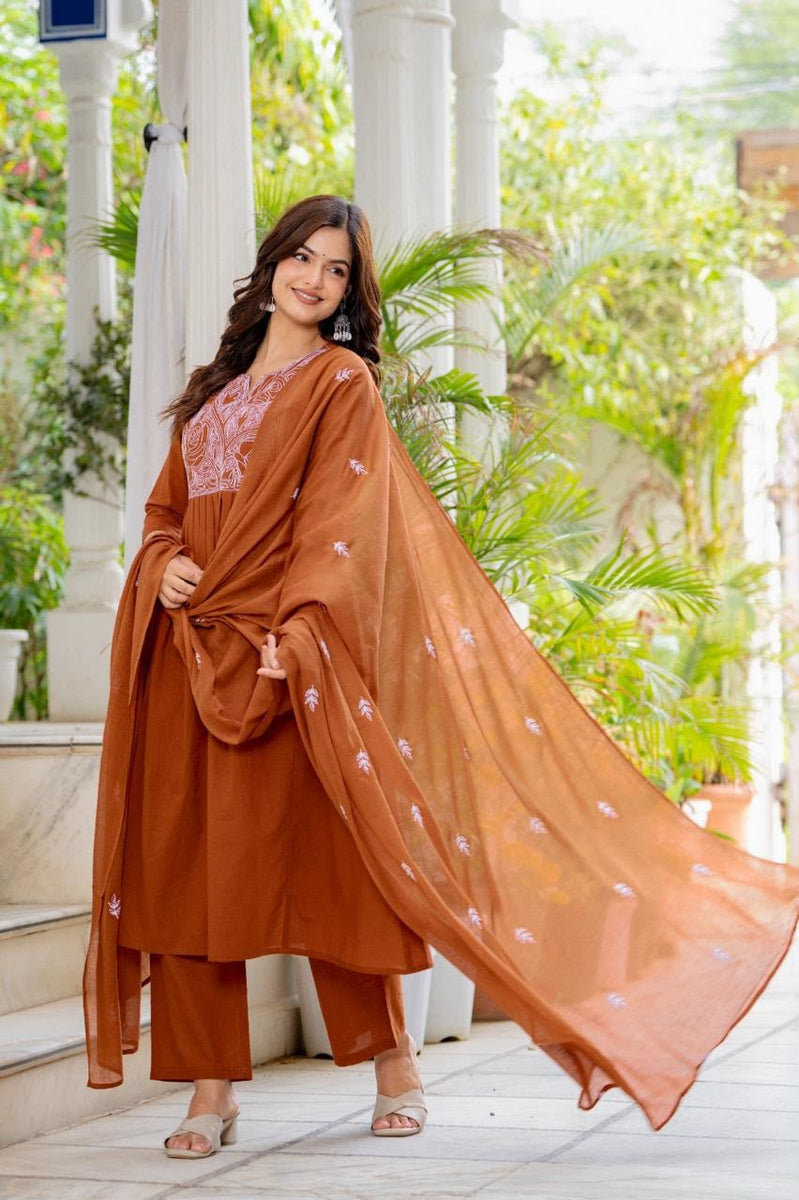 Women Rust Orange Embroidered 3 Piece Anarkali Suit with Dupatta