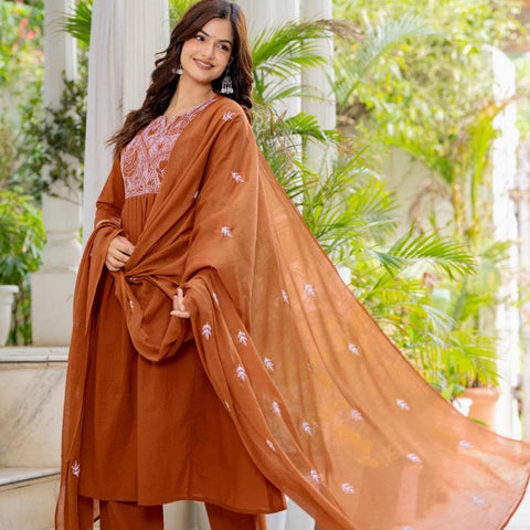 Women Rust Orange Embroidered 3 Piece Anarkali Suit with Dupatta