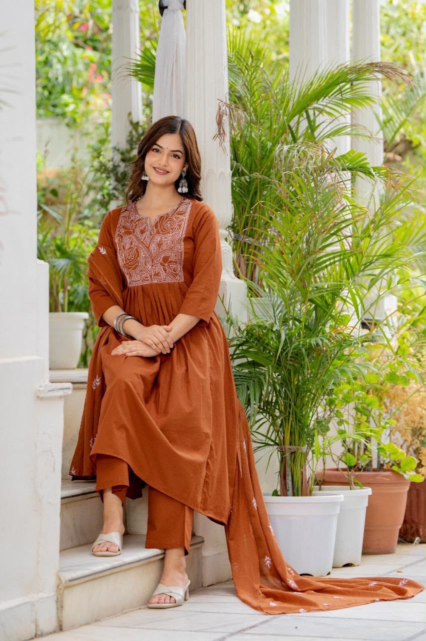 Women Rust Orange Embroidered 3 Piece Anarkali Suit with Dupatta