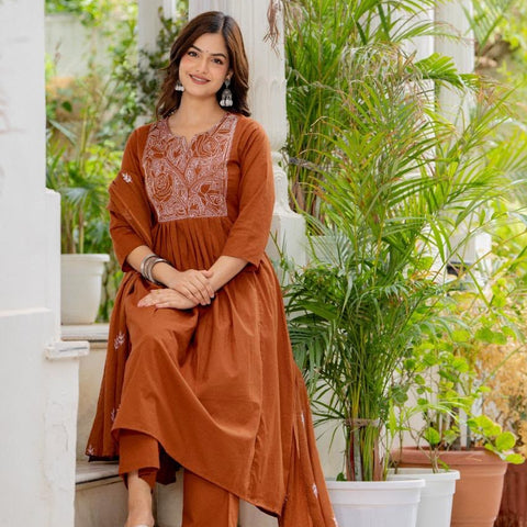 Women Rust Orange Embroidered 3 Piece Anarkali Suit with Dupatta