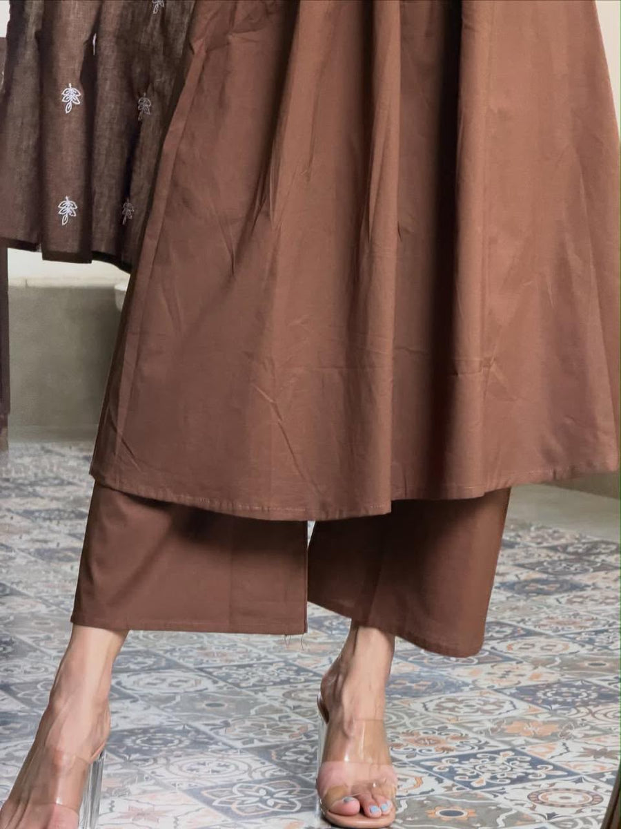 Women Brown Embroidered Cotton Anarkali Kurta Pant Set with Dupatta