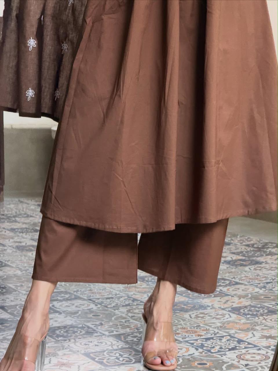 Women Brown Embroidered Cotton Anarkali Kurta Pant Set with Dupatta
