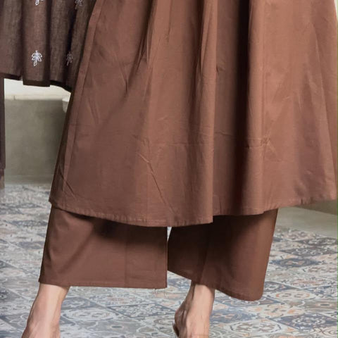 Women Brown Embroidered Cotton Anarkali Kurta Pant Set with Dupatta