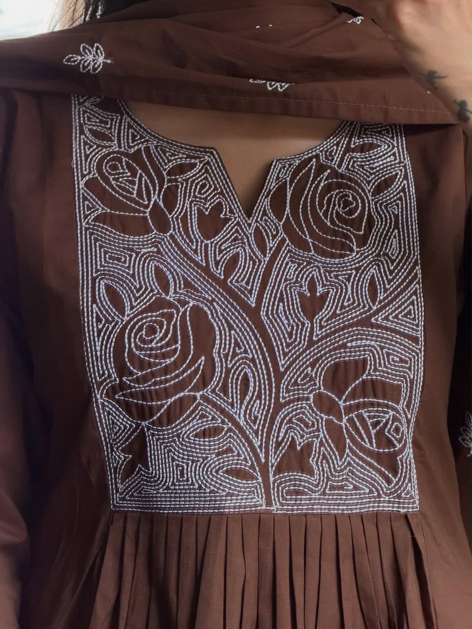 Women Brown Embroidered Cotton Anarkali Kurta Pant Set with Dupatta