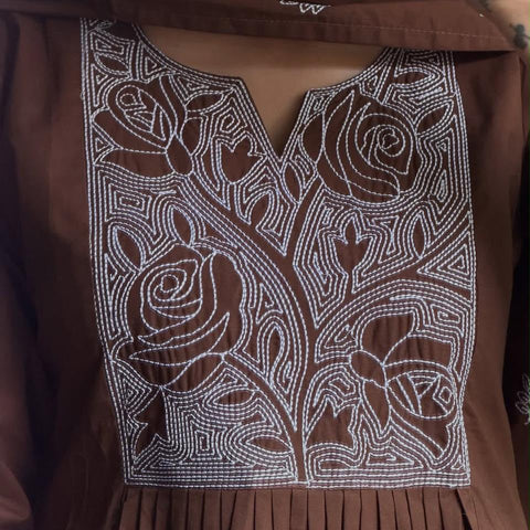 Women Brown Embroidered Cotton Anarkali Kurta Pant Set with Dupatta