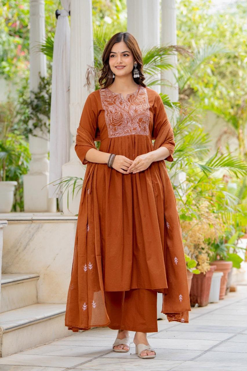 Women Rust Orange Embroidered 3 Piece Anarkali Suit with Dupatta