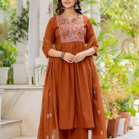 Women Rust Orange Embroidered 3 Piece Anarkali Suit with Dupatta