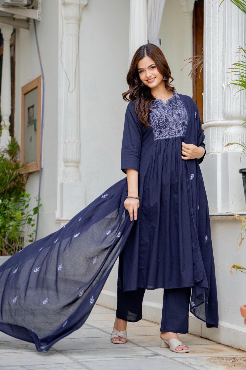 Women Navy Blue Embroidered Anarkali Kurta Pant Set with Mulmul Dupatta