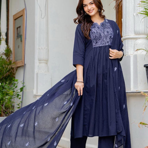 Women Navy Blue Embroidered Anarkali Kurta Pant Set with Mulmul Dupatta