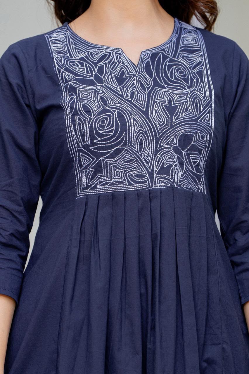 Women Navy Blue Embroidered Anarkali Kurta Pant Set with Mulmul Dupatta