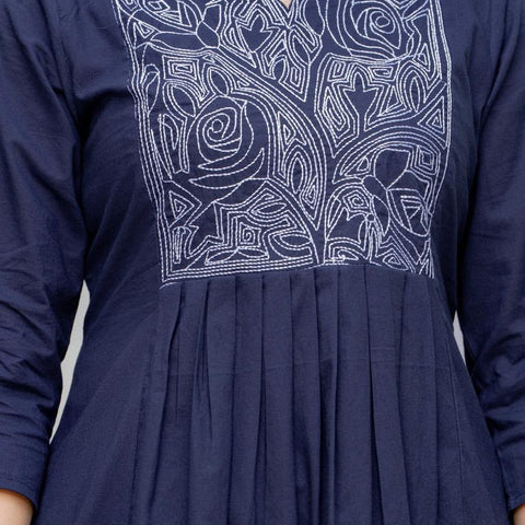 Women Navy Blue Embroidered Anarkali Kurta Pant Set with Mulmul Dupatta