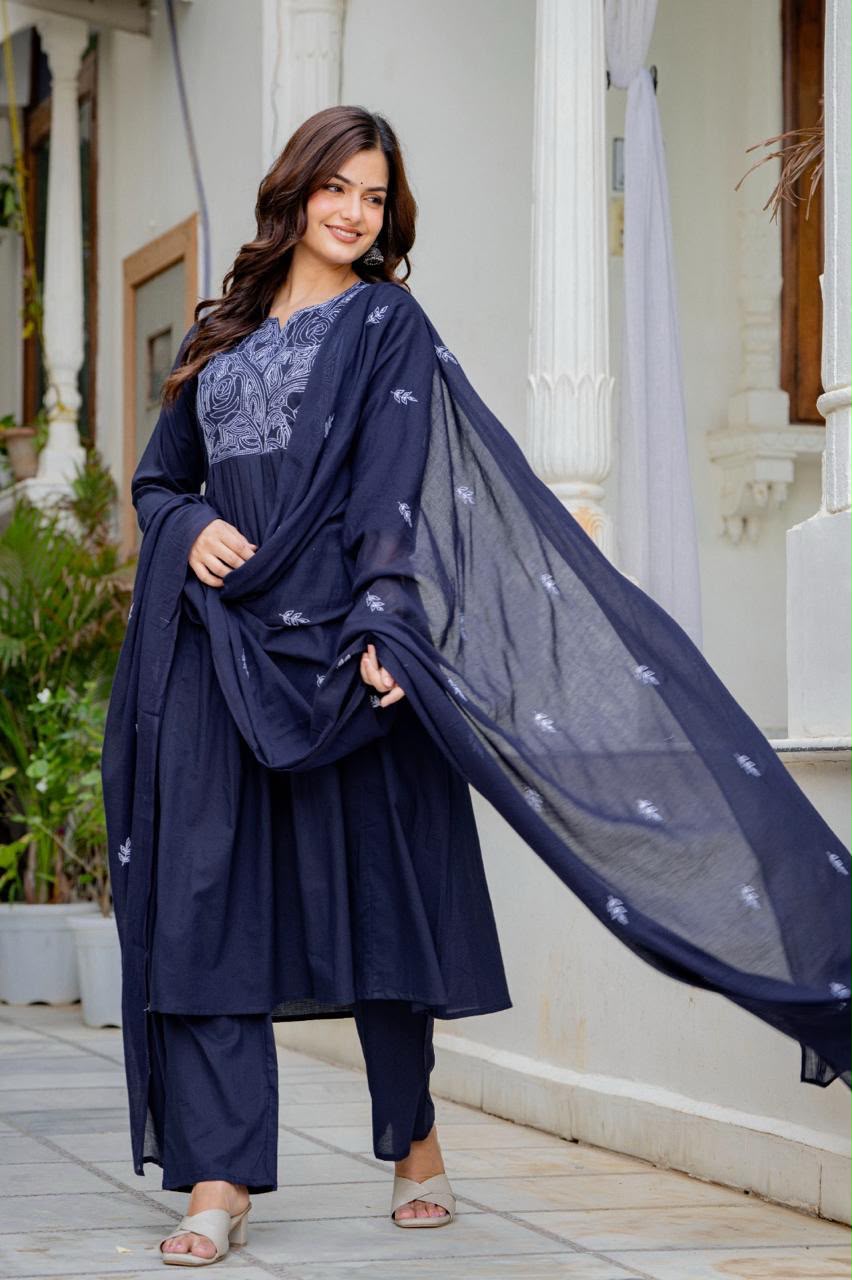 Women Navy Blue Embroidered Anarkali Kurta Pant Set with Mulmul Dupatta