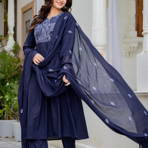Women Navy Blue Embroidered Anarkali Kurta Pant Set with Mulmul Dupatta