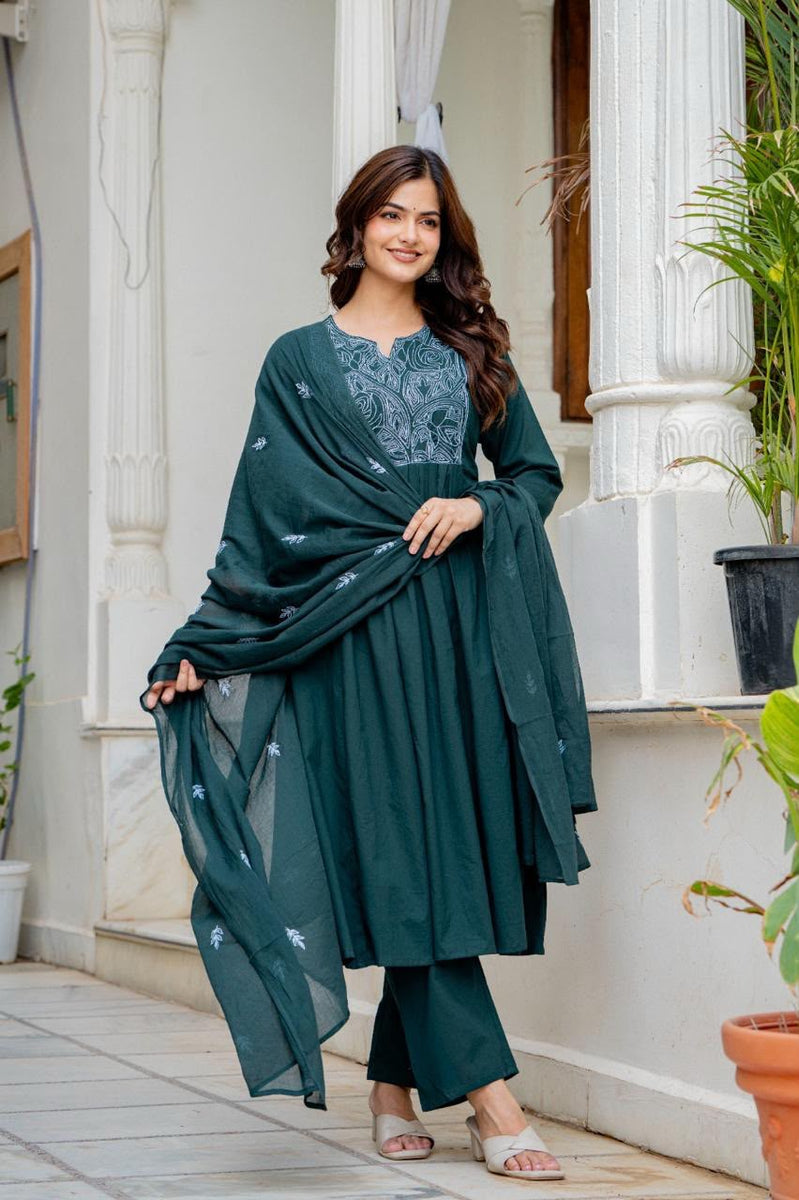 Women Green Embroidered Notch Neck Anarkali Kurta Pant Dupatta Set