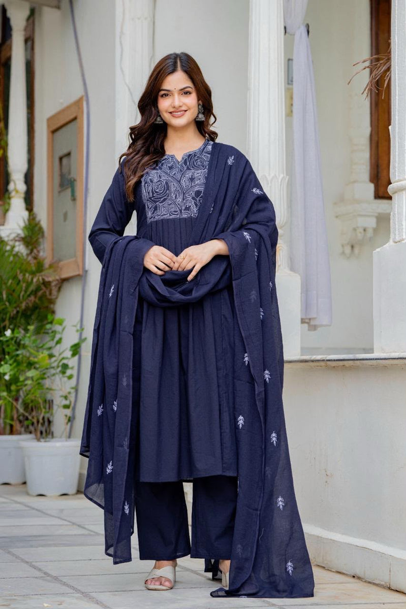 Women Navy Blue Embroidered Anarkali Kurta Pant Set with Mulmul Dupatta