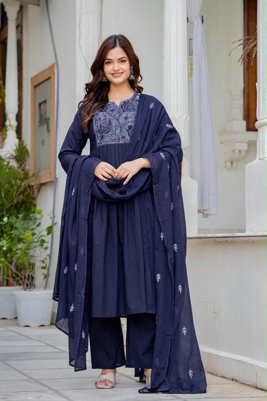 Women Navy Blue Embroidered Anarkali Kurta Pant Set with Mulmul Dupatta