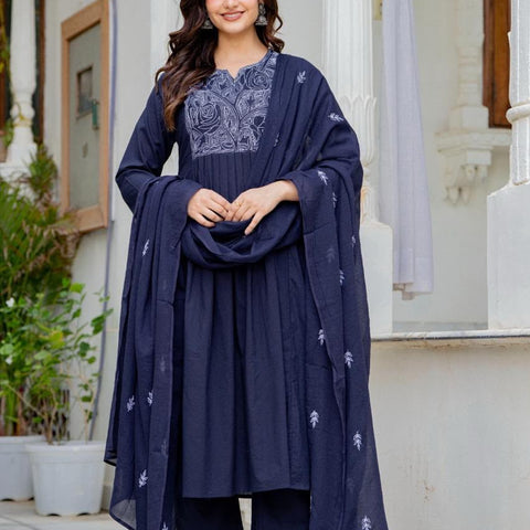 Women Navy Blue Embroidered Anarkali Kurta Pant Set with Mulmul Dupatta