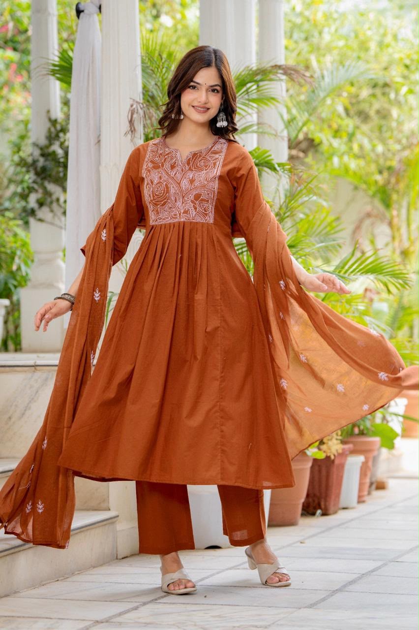 Women Rust Orange Embroidered 3 Piece Anarkali Suit with Dupatta