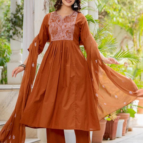 Women Rust Orange Embroidered 3 Piece Anarkali Suit with Dupatta