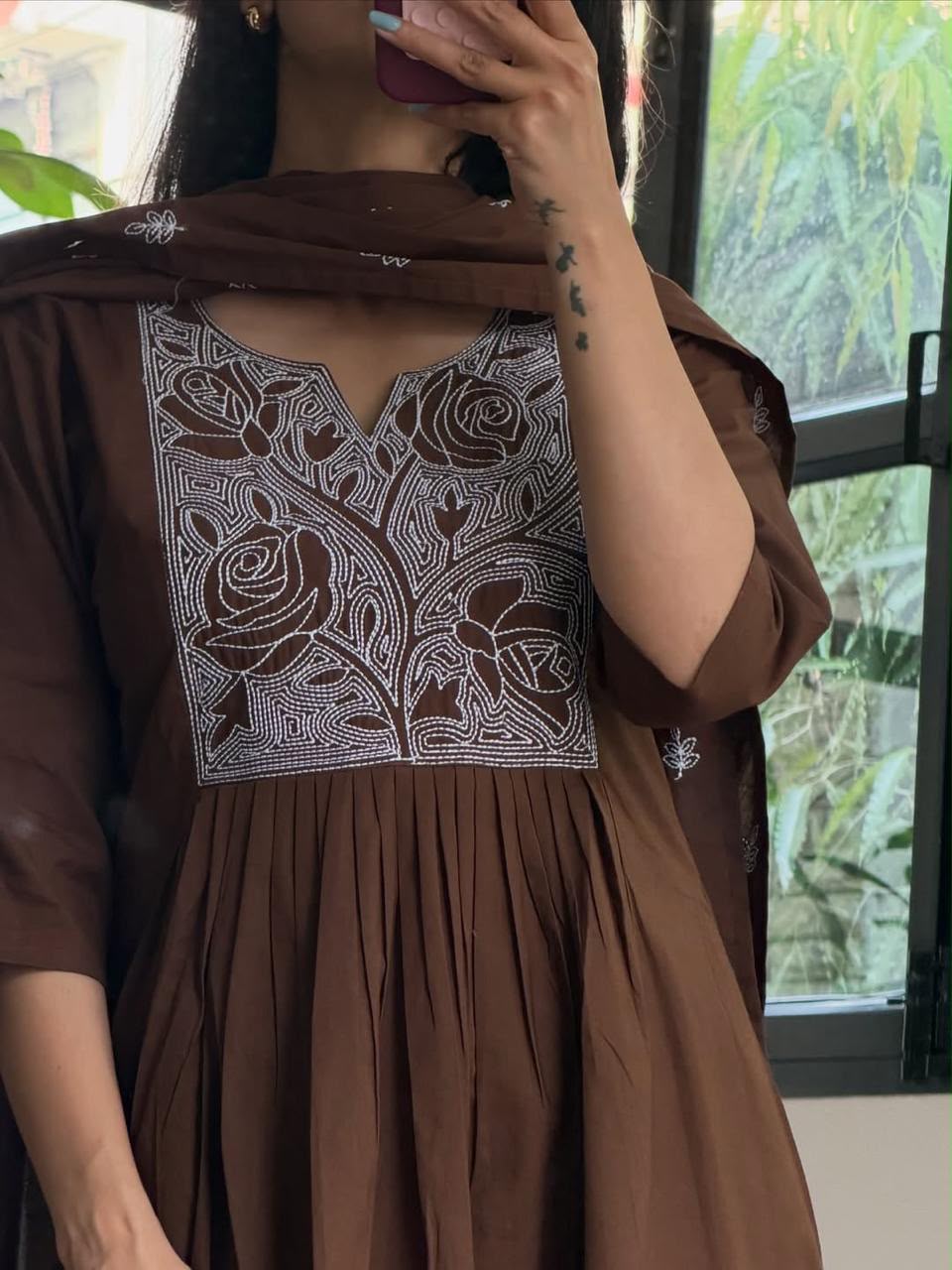 Women Brown Embroidered Cotton Anarkali Kurta Pant Set with Dupatta