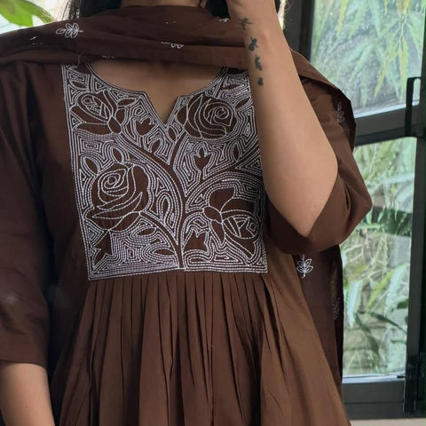 Women Brown Embroidered Cotton Anarkali Kurta Pant Set with Dupatta