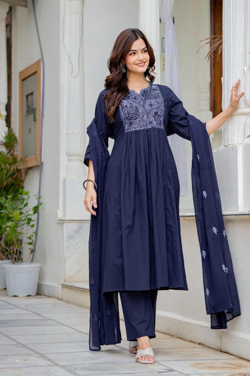 Women Navy Blue Embroidered Anarkali Kurta Pant Set with Mulmul Dupatta