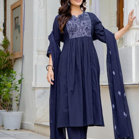 Women Navy Blue Embroidered Anarkali Kurta Pant Set with Mulmul Dupatta
