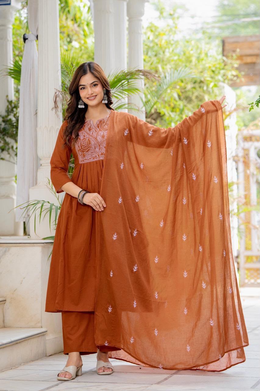 Women Rust Orange Embroidered 3 Piece Anarkali Suit with Dupatta