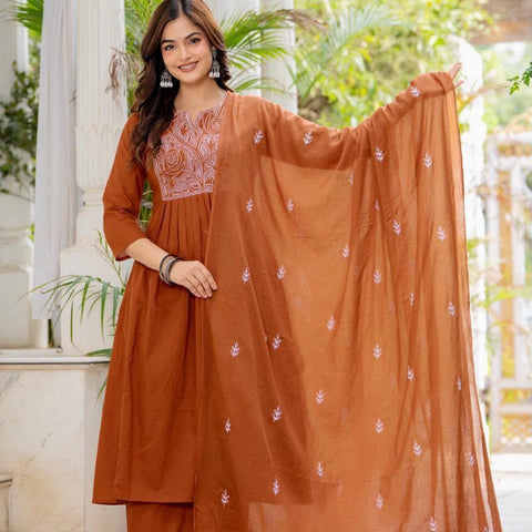 Women Rust Orange Embroidered 3 Piece Anarkali Suit with Dupatta